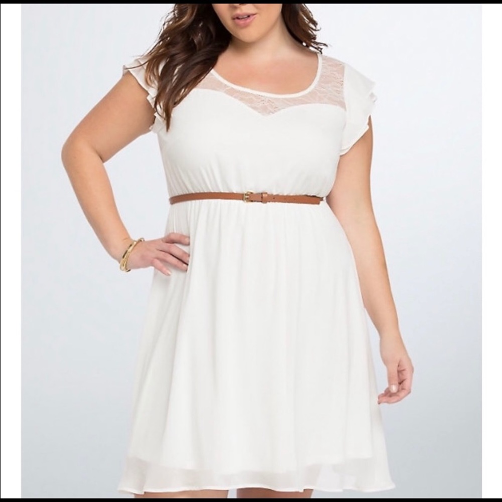 Torrid Ivory Ruffle Skater Lace Sleeveless Dress - Picture 3 of 6
